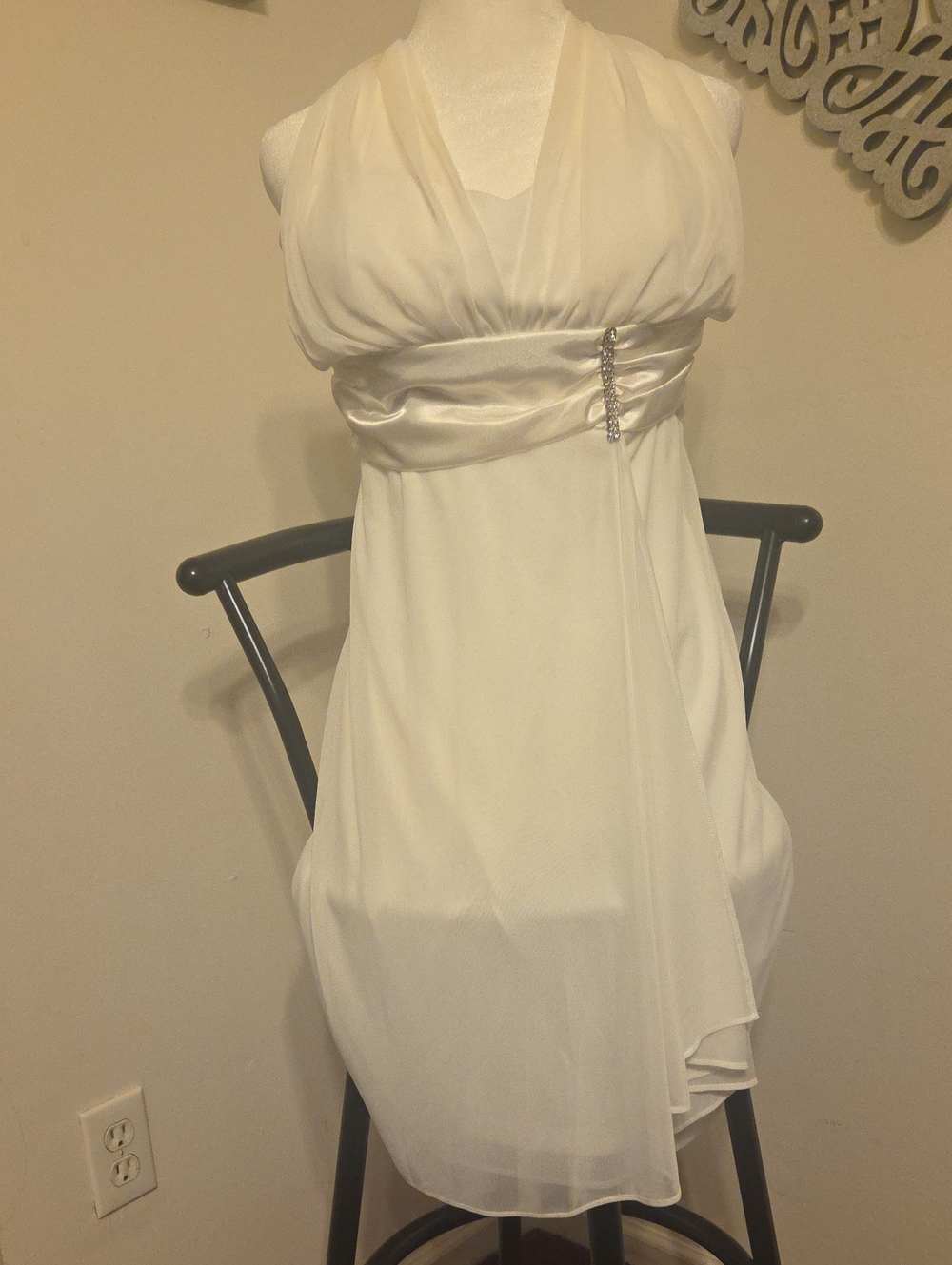 Onyx Nite Ivory Halter Chiffon Dress with Satin Waistband